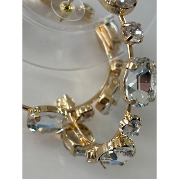 Gold-Tone Crystal Rhinestone Hoop Earrings For Women - 1.7" Diameter - Picture 3 of 5